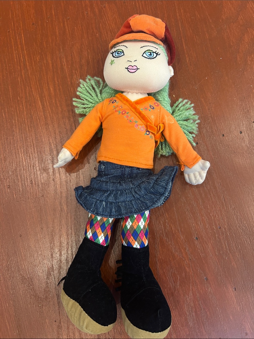 The Children's Place Orange Top Doll with Green Yarn Hair and Denim Skirt